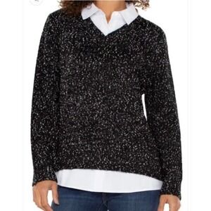 Womens V-Neck Marled Knit Sweater Black White Size‎ S